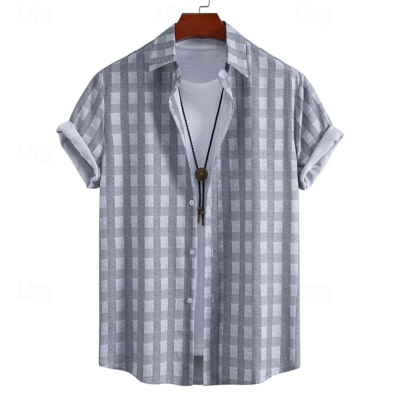 Men's Shirt Summer Shirt Casual Shirt Beach Shirt Button Up Shirt Gray Short Sleeve Plaid / Check Lapel Vacation Hawaiian Clothing Apparel Polyester Fashion Casual Comfortable
