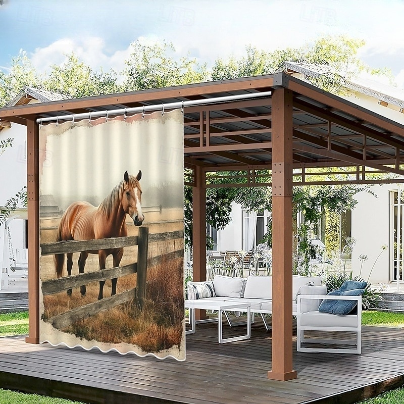 Waterproof Outdoor Curtain Privacy, Sliding Patio Curtain Drapes, Pergola Curtains Grommet 3D Animal Horses For Gazebo, Balcony, Porch, Party, 1 Panel2