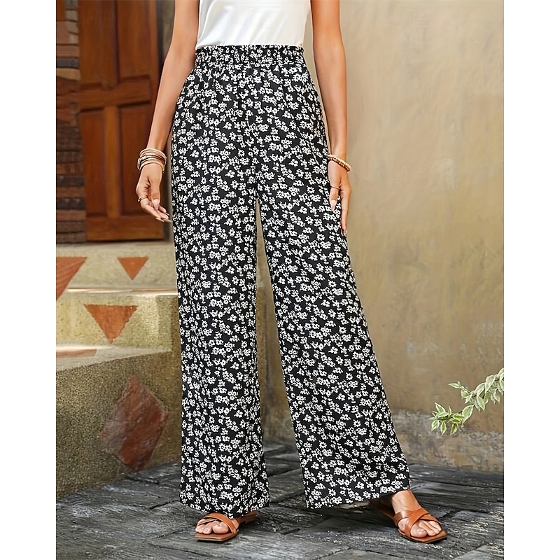 Women's Wide Leg Pants Trousers Vacation Fashion Full Length Mid Waist Flower / Floral Elastic Waist Comfortable Breathable Micro-elastic Street Daily Wear Going out White Yellow Green Summer Regular