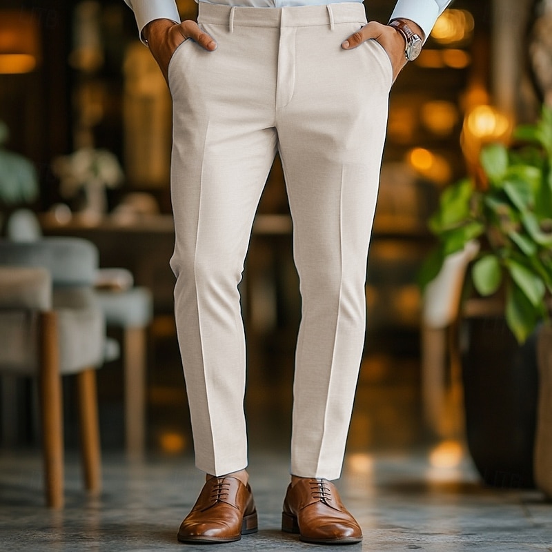 Men's Linen Pants Dress Pants Trousers Summer Straight Leg Plain Comfort Breathable Casual Daily  Standard Fit Sky Blue Beige4