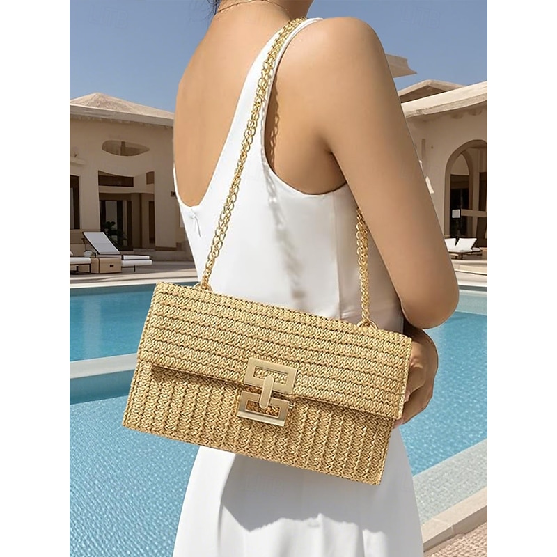 Women's Woven Straw Shoulder Bag with Gold Chain Strap – Elegant Summer Clutch Purse for Beach, Vacation & Resort Outfits4