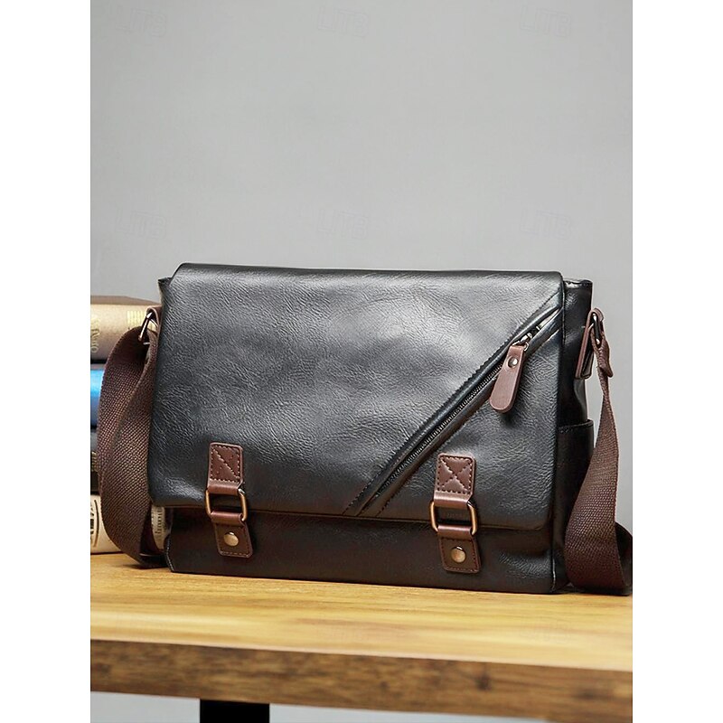 Men's Faux Leather Messenger Bag – Vintage Business Shoulder Bag with Adjustable Strap and Buckle Detail, Professional Briefcase for Office, Work and Travel