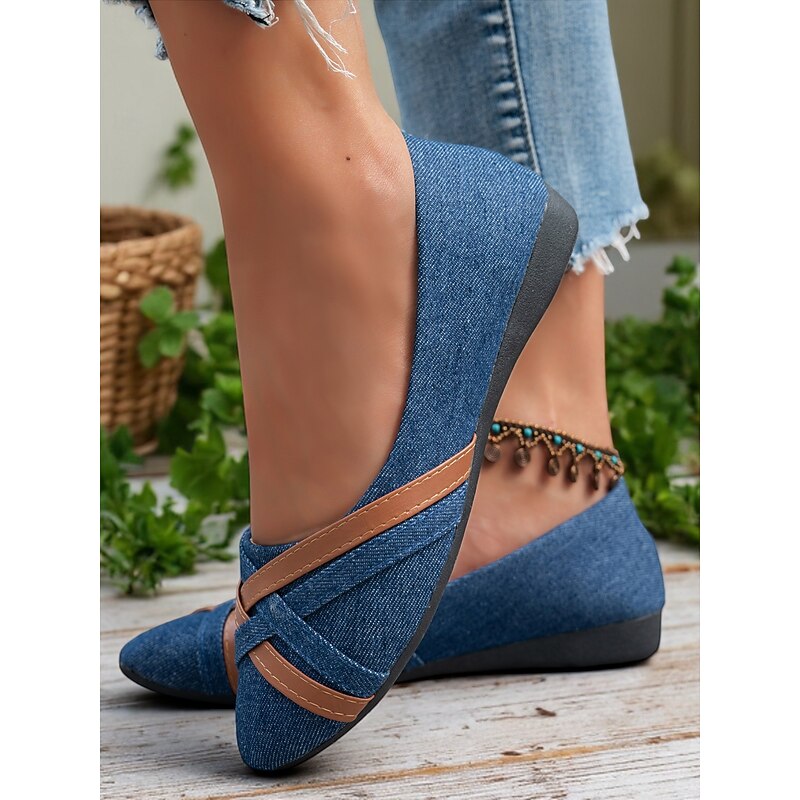 Women's Dark Blue Denim and Faux Leather Crisscross Flats – Vintage-Inspired Casual Ballerina Shoes for Daily Wear & Weekend Styling3