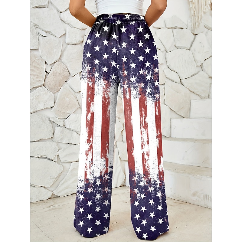 Women's Wide Leg Chinos Baggy Pants Vacation Vintage Fashion Full Length High WaistPantsAmerican Independence Day Graphic Flag American Flag Printing Micro-elastic Formal Vacation Street Red / Blue2