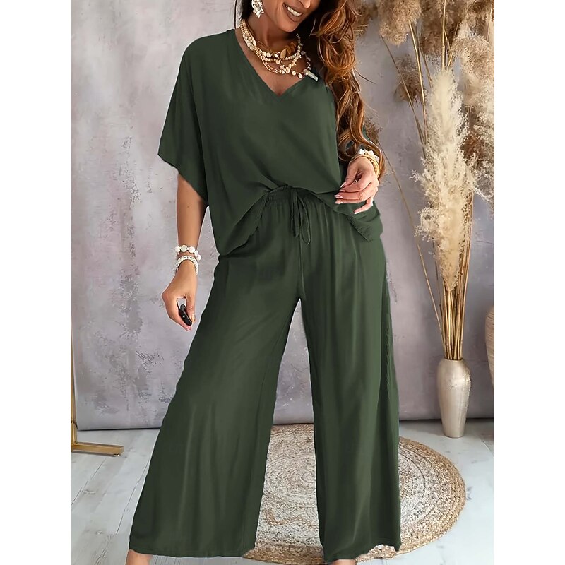 Women's Loungewear 2 Pieces Casual Comfort Pure Color Pullover Home Daily Half Sleeve V Neck Black Army Green Navy Blue Dark Gray Light Blue Summer Spring Loose Fit2