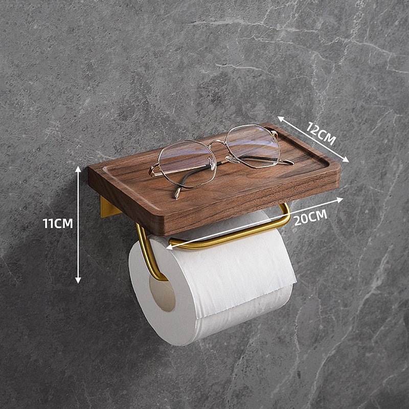 浴室卫生纸架,胡桃木卫生纸架,实心黄铜材质,高级酒店风格卷纸架,带手机收纳功能,金色饰面2