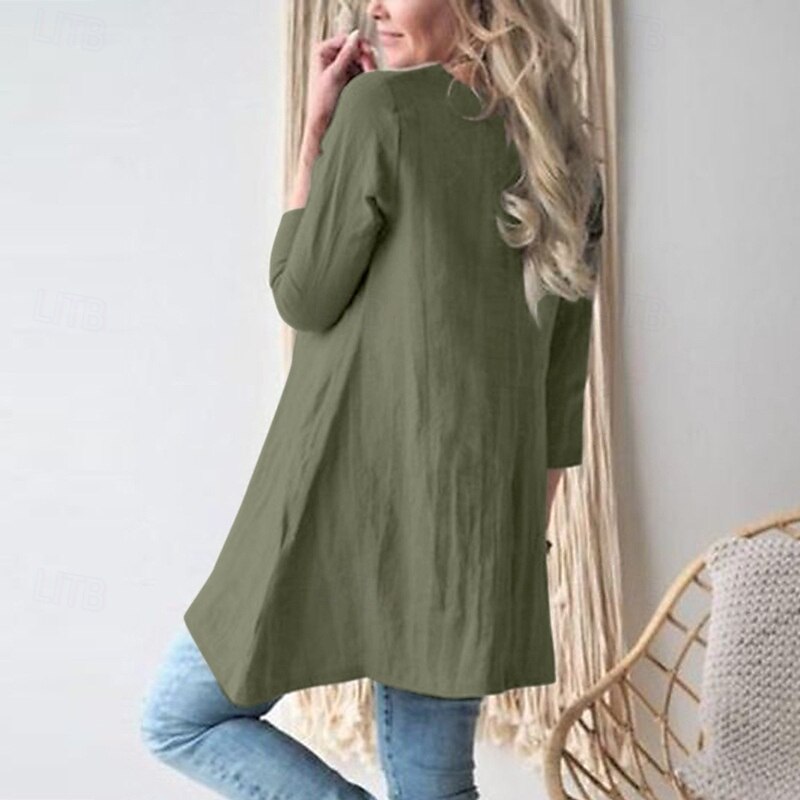 Women's Cotton Linen Shirts Plain Daily Stylish Basic 3/4 Length Sleeve Crew Neck Regular Tops Work Daily Holiday Pocket Black Army Green Khaki Spring Fall3