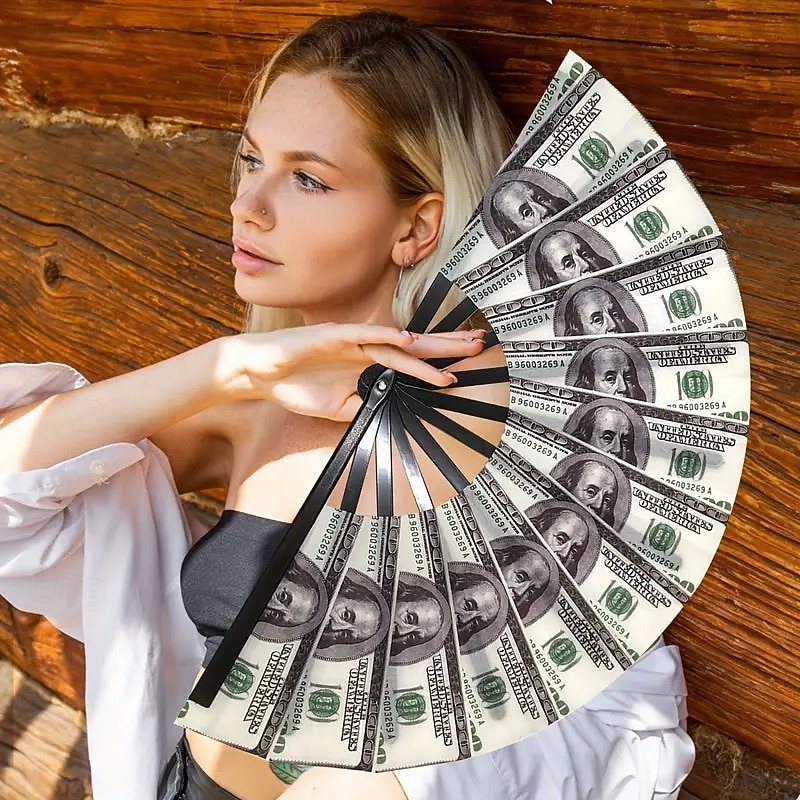 Boots on The Ground Fan Dollar Bill Print Fan, Large Holographic Folding Fan for Popping, Line Dance, Party and Rave Performance