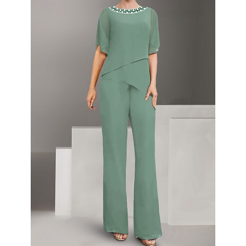 Pantsuit Mother of the Bride Dress Wedding Guest Elegant Simple Square Neck Floor Length Polyester Short Sleeve with Solid Color