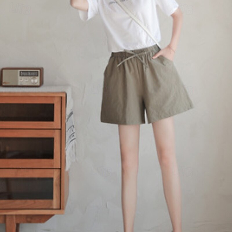 Women's Cotton Linen Shorts Shorts Slacks Streetwear Casual Short Natural Plain Pocket Elastic Drawstring Design Comfy Outdoor Outdoor Holiday Forest Green Rust Navy Sapphire Blue Summer Regular Fit3