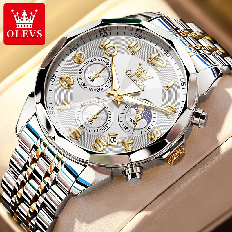 OLEVS 3676 Men's Business Quartz Watch, Stainless Steel, Waterproof, Moon Phase, Elegant Brand Timepiece