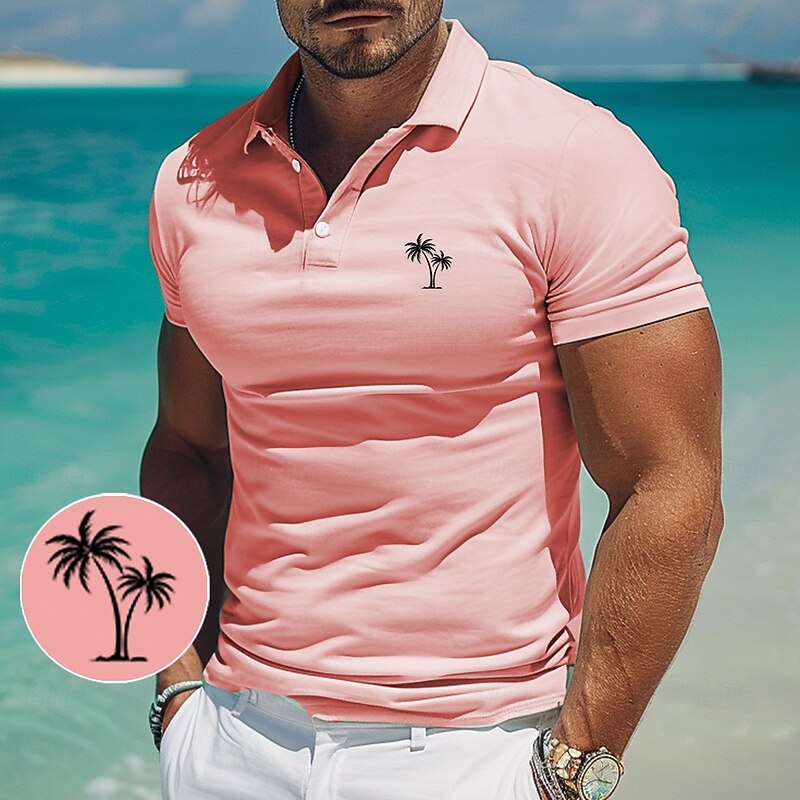 Men's Palm Tree Polo Short Sleeve Polo Shirts Collared Shirts Casual Resort Outdoor Daily Wear Vacation Wear 3D Print Summer White Pink Blue3