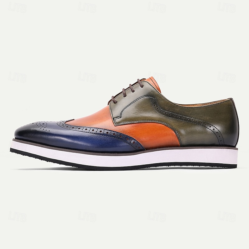 Men's Two-Tone Leather Derby Shoes – Stylish Orange and Blue Dress Shoes for Prom and Social Gatherings3