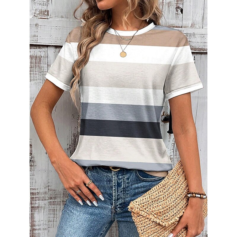Women's T Shirt Graphic Geometric Striped Vintage Stylish Classic Short Sleeve Crew Neck Round Neck Regular Tops Daily Print Grass Green Khaki Summer Spring2