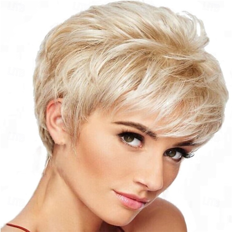 Short Hair Wigs with Bangs Dark Brown Mixed Blonde Pixie Cut Wig for Women Straight Synthetic Fiber Wigs - Main Image