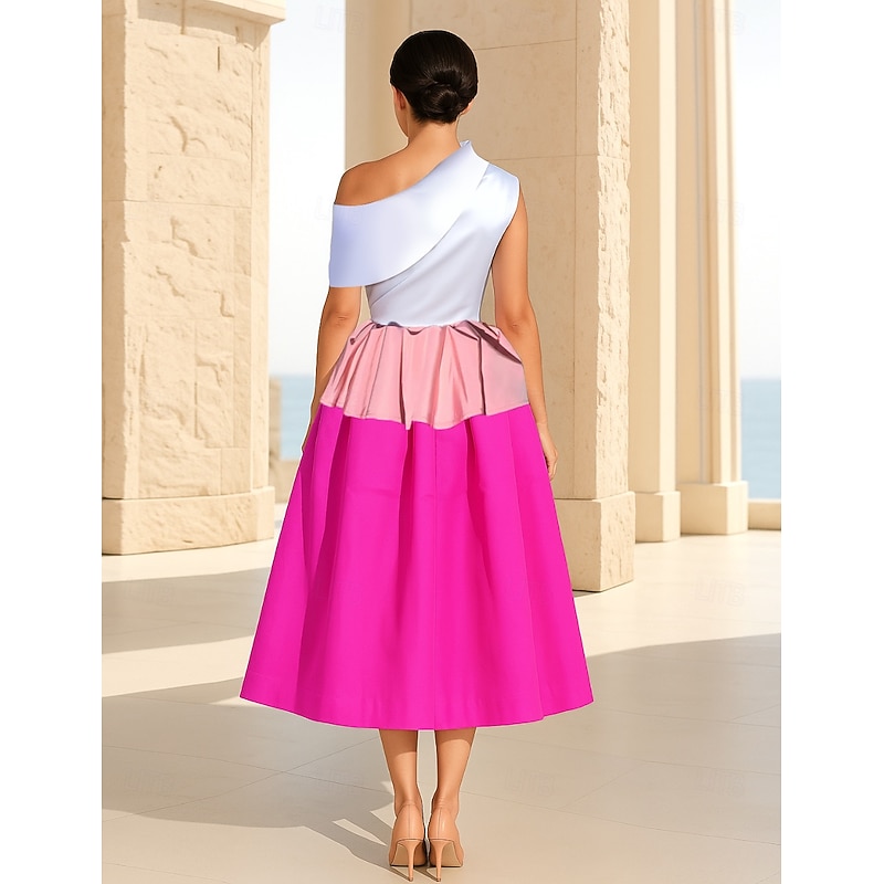Asymmetrial Neck Cocktail Dresses Formal Wedding Guest Tea Length StraplessDress Color Block with Pleats Ruched3