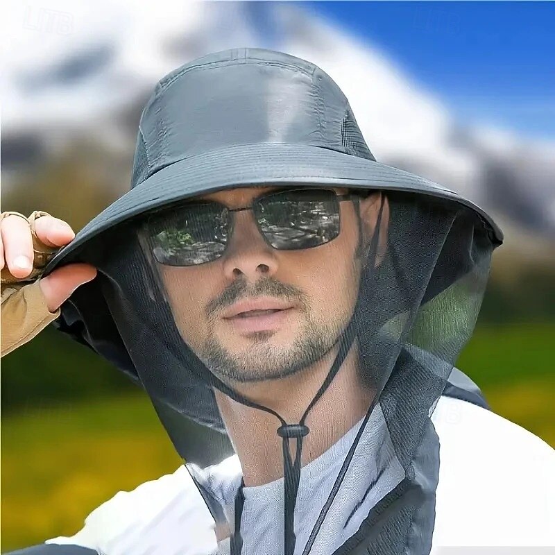 Sun Protection Hat for Men Women with Mosquito Net, Wide Brim Outdoor Beach Fishing Cap with Neck Flap, Breathable Mesh, Windproof