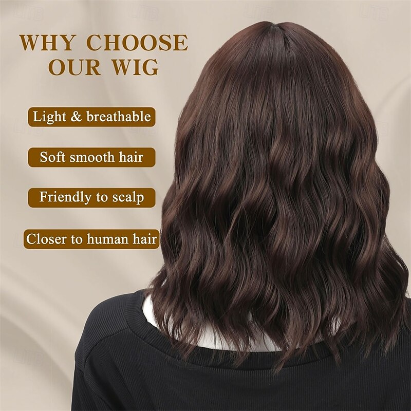 Black Wig with Bangs Short Wavy Wigs for Women Dark Brown Curly Shoulder Length Bob Wig Synthetic fiber Wigs for Daily Party Use2
