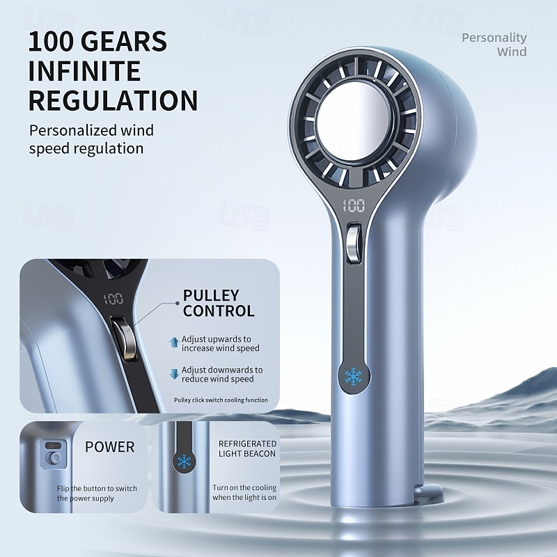 Portable Handheld Fan with Ice Ceramic Cooling, Turbo Breeze, 3000mAh Battery, Digital Display, Compact USB Rechargeable Fan with Pulley Control for Summer Outdoor Travel2