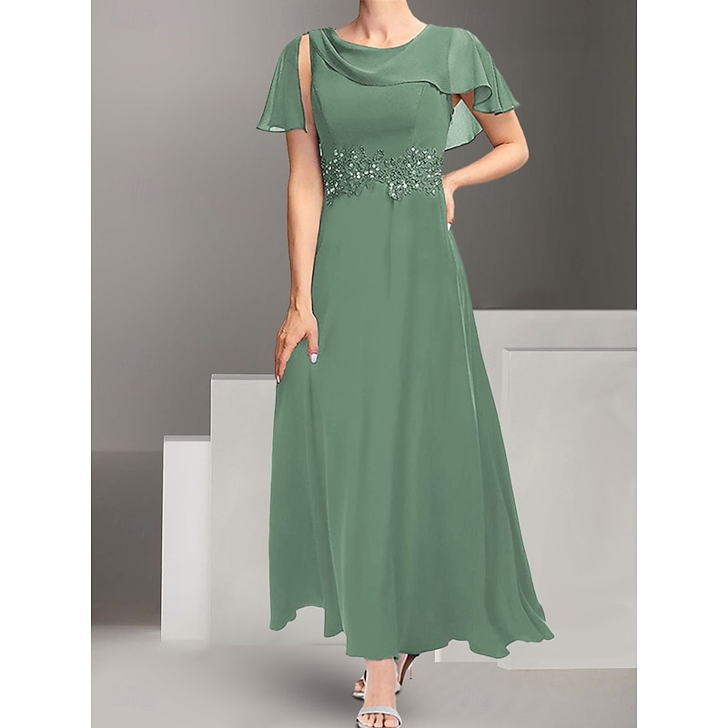 Dress Mother of the Bride Dress Elegant Simple Crew Neck Ankle Length Polyester Short Sleeve with Lace Solid Color