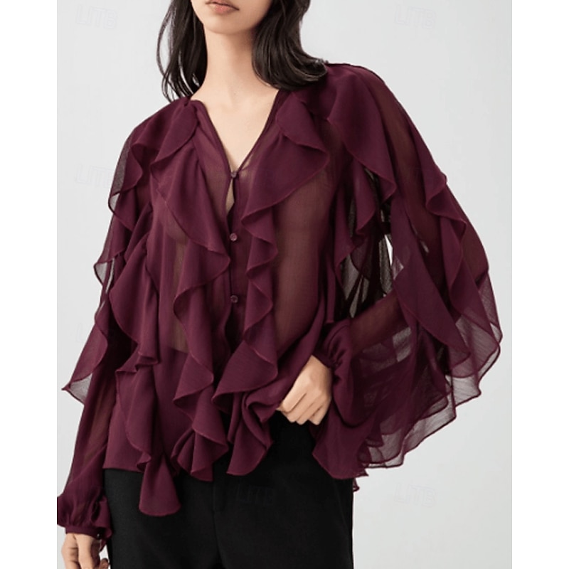 Women's Shirt Blouse Plain Stylish Modern Long Sleeve V Neck Regular Tops Holiday Going out Layered Wine Summer2