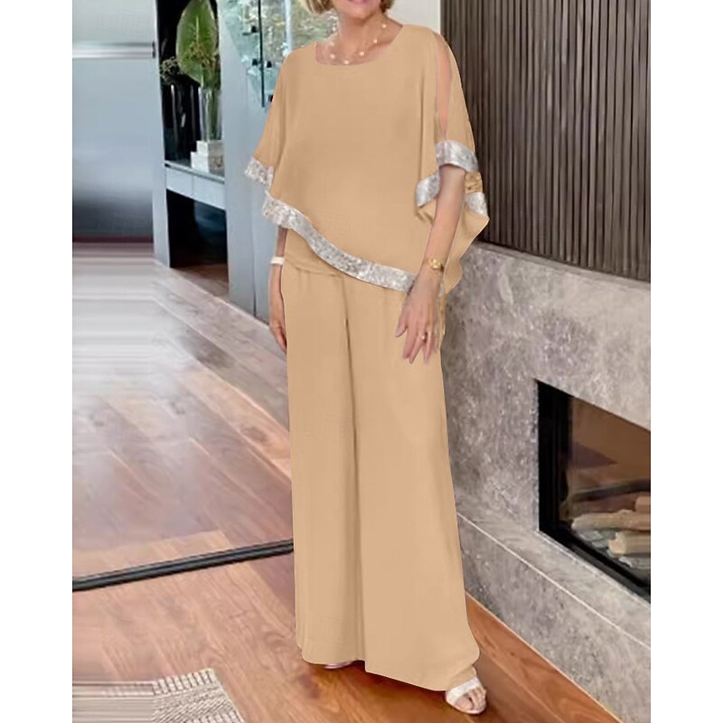Two Piece Pantsuit Mother of the Bride Dress Elegant Vintage Simple Scoop Neck Floor Length Chiffon Half Sleeve with Sequin3
