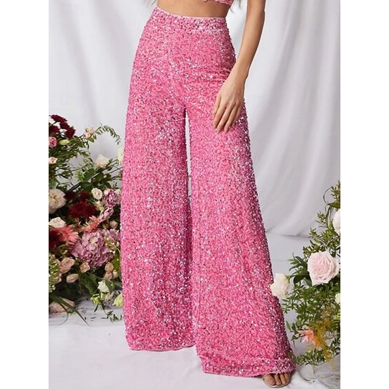 Women's Wide Leg Chinos Baggy Pants Fashion Streetwear Full Length High Waist Plain Sequins Comfy Soft Comfortable Micro-elastic Outdoor Party Street Black Pink Red Summer Spring Regular Fit