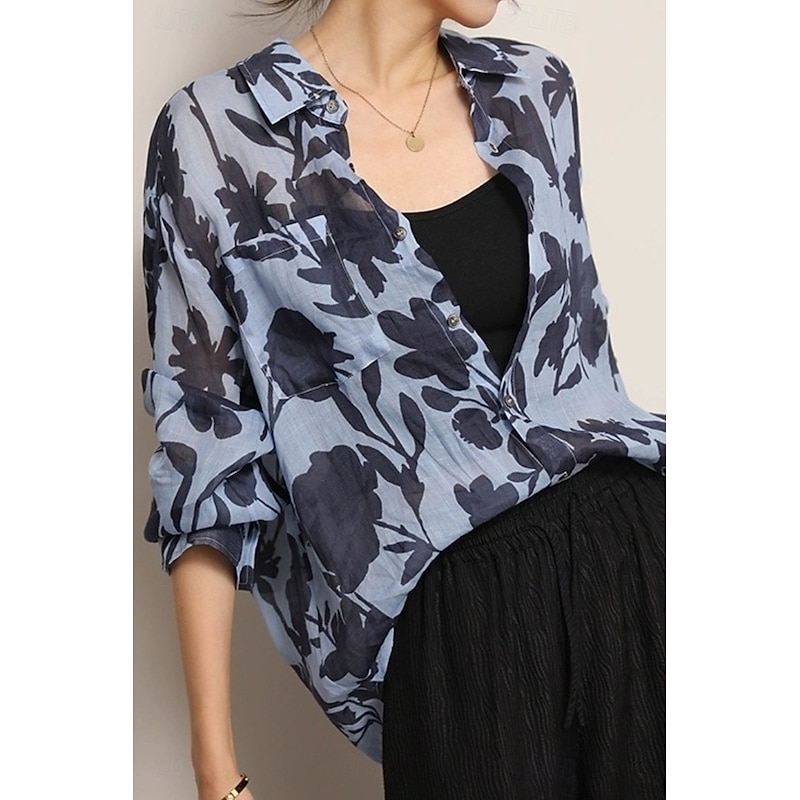 Women's Shirt Button Up Cotton Linen Shirt Blouse Flower Casual Long Sleeve Shirt Collar Regular Tops Daily Holiday Print Blue Summer