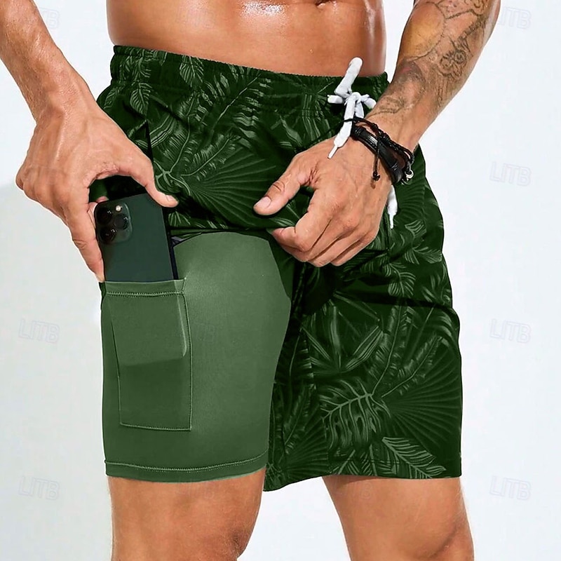 Men's Palm Leaf Tropical Plants Lined Shorts 2 in 1 Board Shorts Swim Shorts Mid Waist Hawaiian Vacation Holiday Beach Wear Side Pockets With Compression Liner Elastic Drawstring Waist Designer4