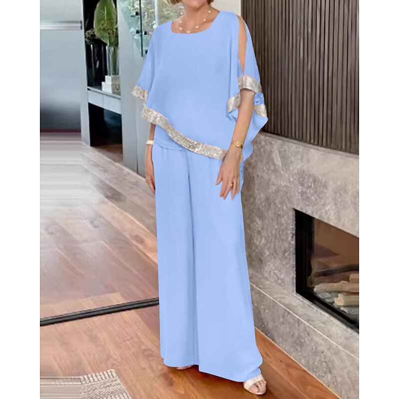 Two Piece Pantsuit Mother of the Bride Dress Elegant Vintage Simple Scoop Neck Floor Length Chiffon Half Sleeve with Sequin4