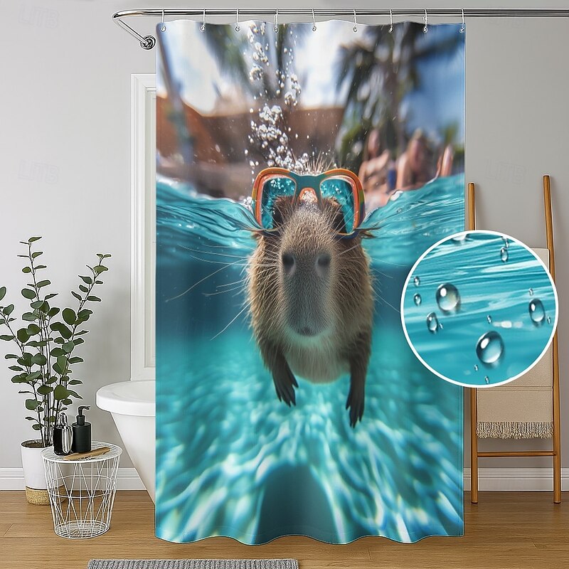Shower Curtain with Hooks 180cm*180cm(70"*70") Polyester Washable Waterproof Pattern Bathroom Bathtub Decor Animal Capybara2