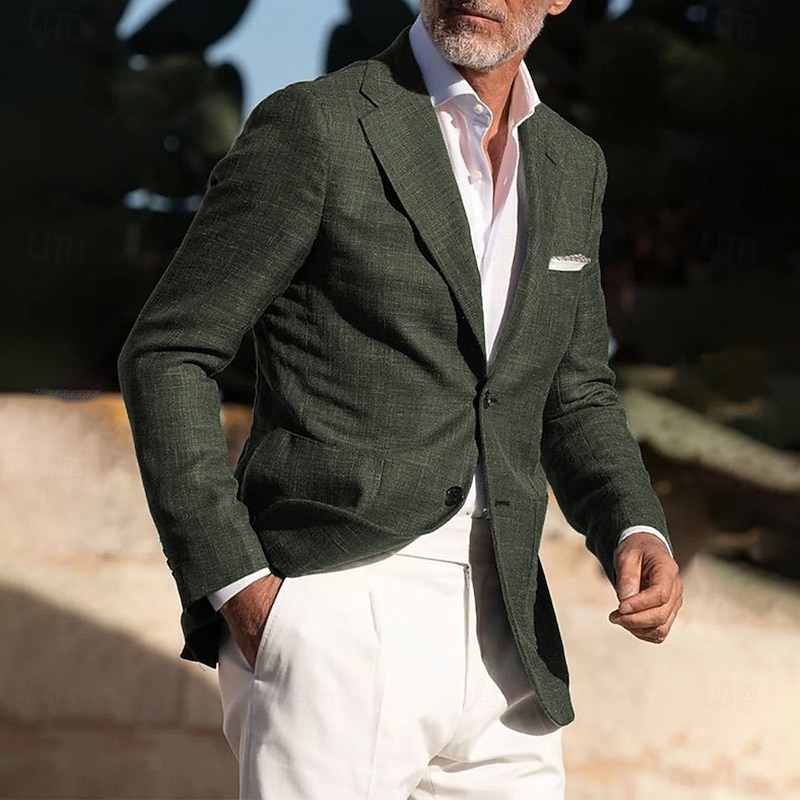 Men's Linen Blazer Sport Coat Notch Collar Fashion Casual Solid Colored Linen Blazer Dusty Blue Army Green Standard Fit Single Breasted Two-buttons2