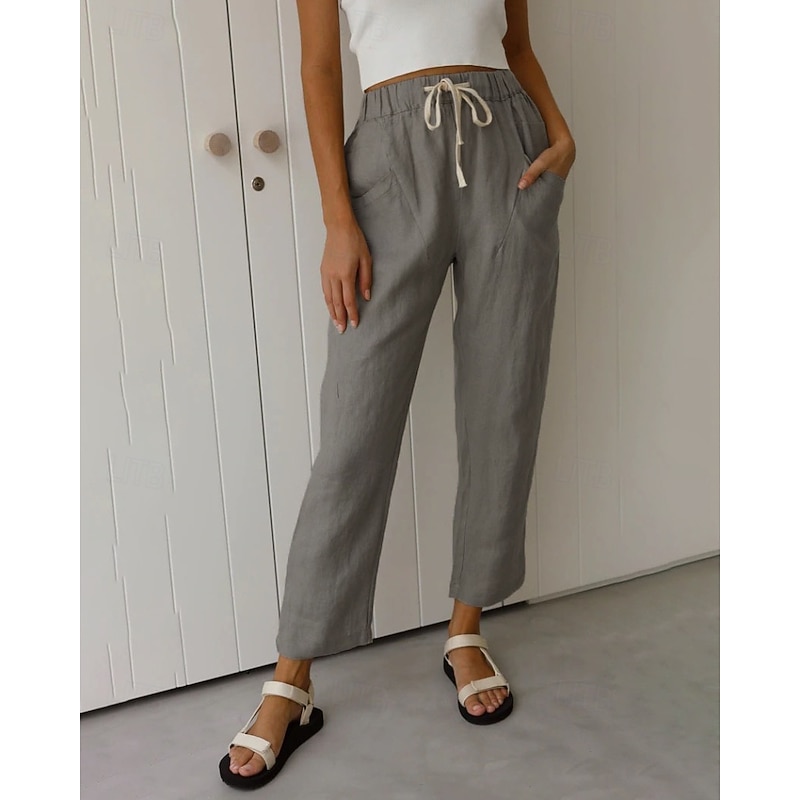 Women's Cotton Linen Pants Slacks Fashion Streetwear Full Length Natural Plain Pocket Elastic Drawstring Design Outdoor Comfortable Vacation Going out Rust Light Sky Blue Grey Black Summer Regular Fit4