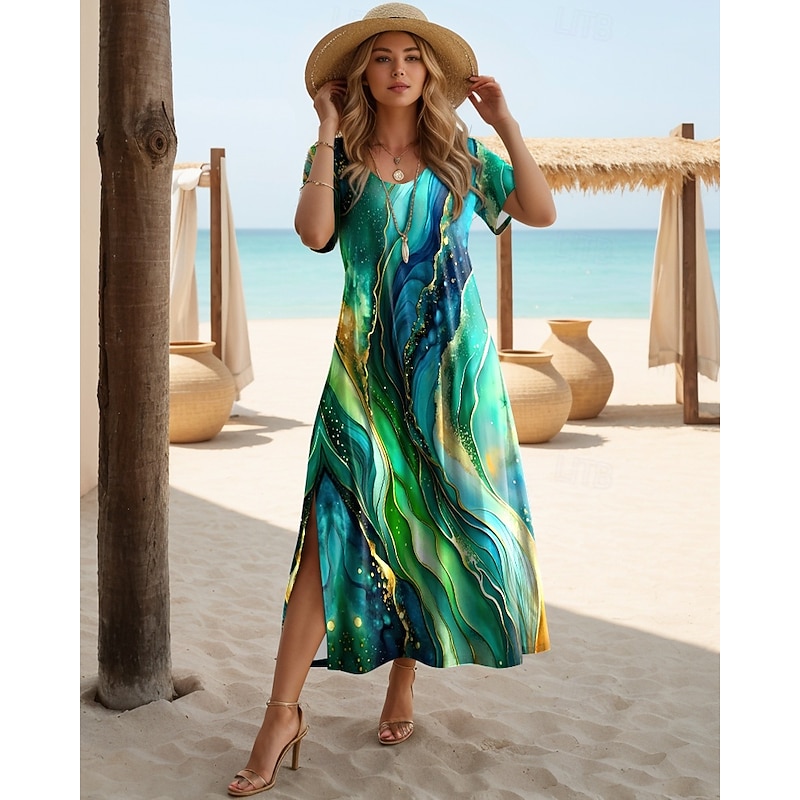 Women's Midi Dress Sundress A Line Dress Vacation Casual Beach Going out Regular Fit Ombre Graphic Geometric Short Sleeve Crewneck Purple Green Summer