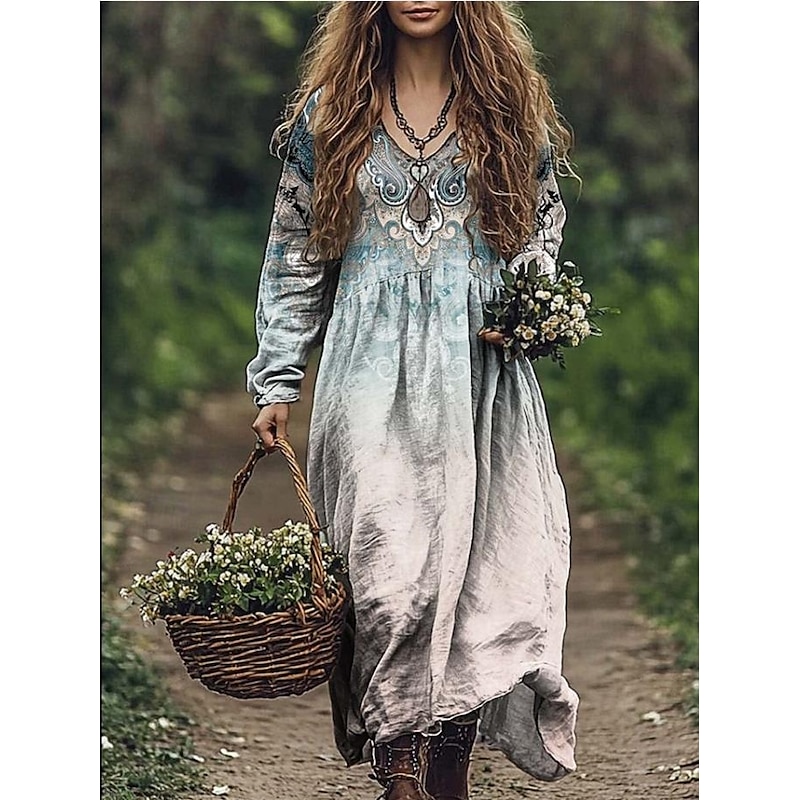 Women's Maxi Dress Sundress Pleated Dress Vacation Casual Boho Going out Beach Standard Fit Graphic Paisley Long Sleeve V Neck Deep Green Black Red Blue Summer Spring4