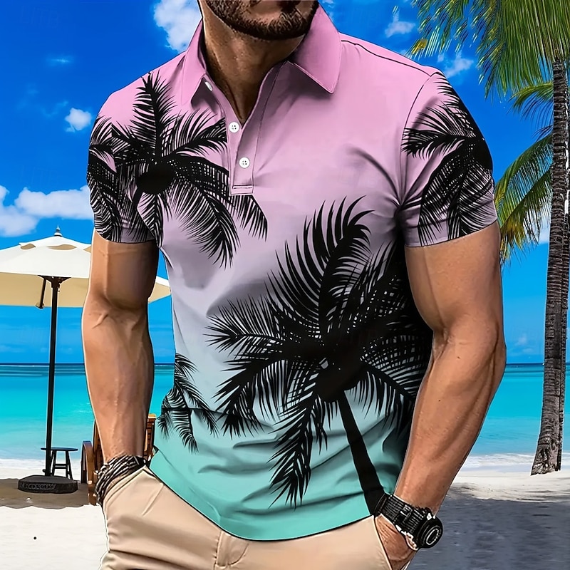 Men's Palm Tree Polo Short Sleeve Polo Shirts Collared Shirts Casual Resort Outdoor Daily Wear Vacation Wear 3D Print Spring Pink
