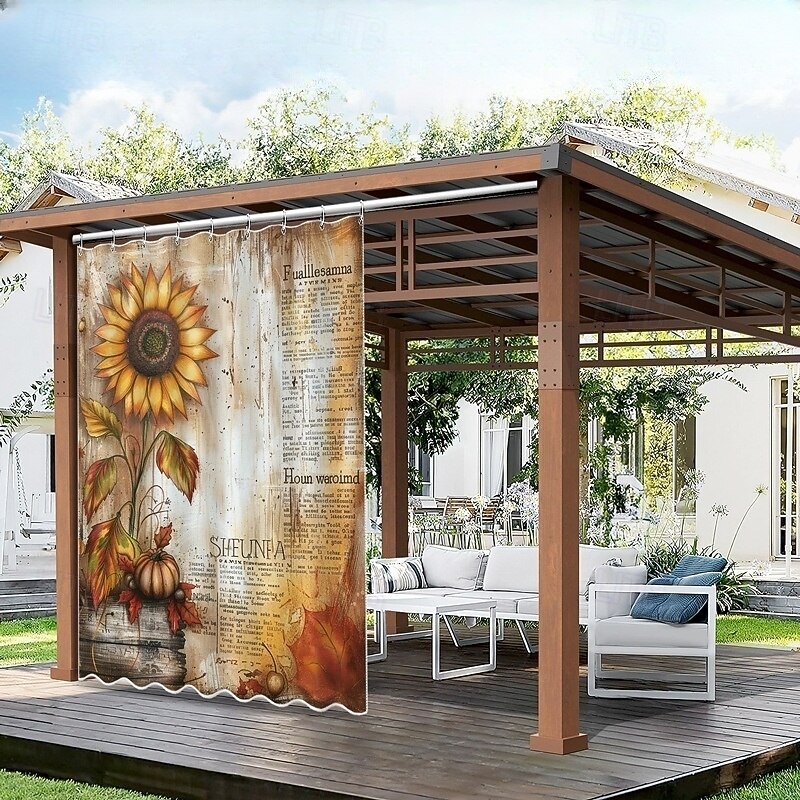 Waterproof Outdoor Curtain Privacy, Sliding Patio Curtain Drapes, Pergola Curtains Grommet 3D Landscape Sunflowers For Gazebo, Balcony, Porch, Party, 1 Panel2