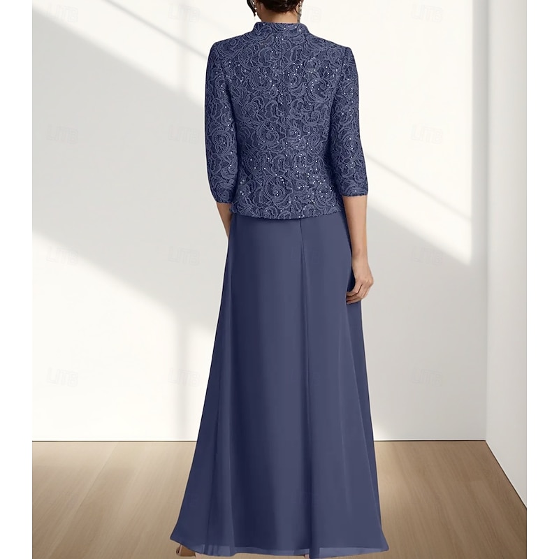 Two Piece A-Line Mother of the Bride Dress Wedding Guest Elegant Square Neck Floor Length Chiffon Lace 3/4 Length Sleeve with Lace2