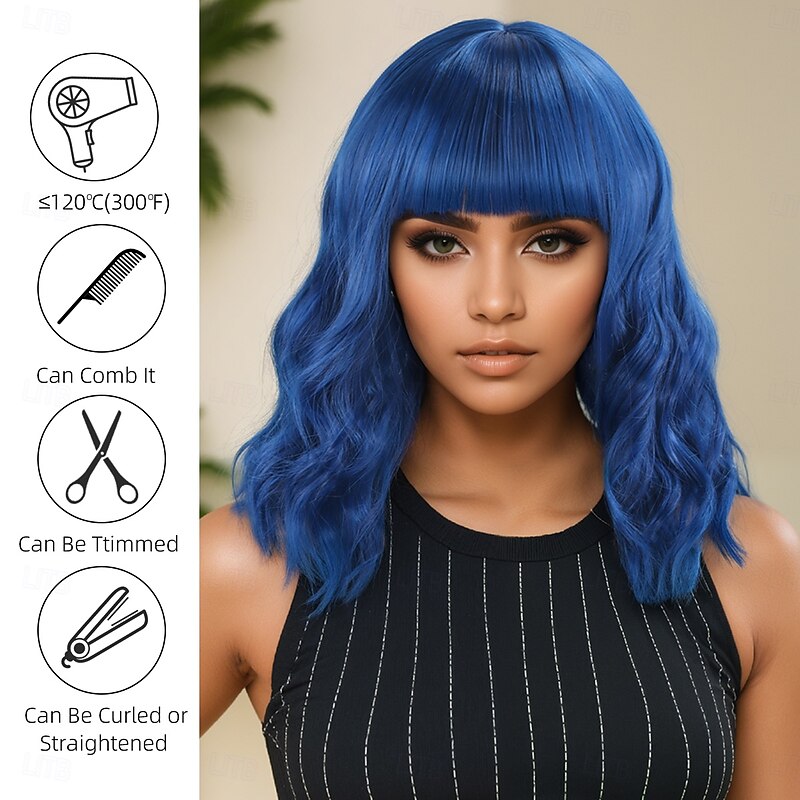 Women's Synthetic Wig Deep Wave Water Wave Asymmetrical Neat Bangs 16 Inch A1 Comfort Classic Machine Made Blue3