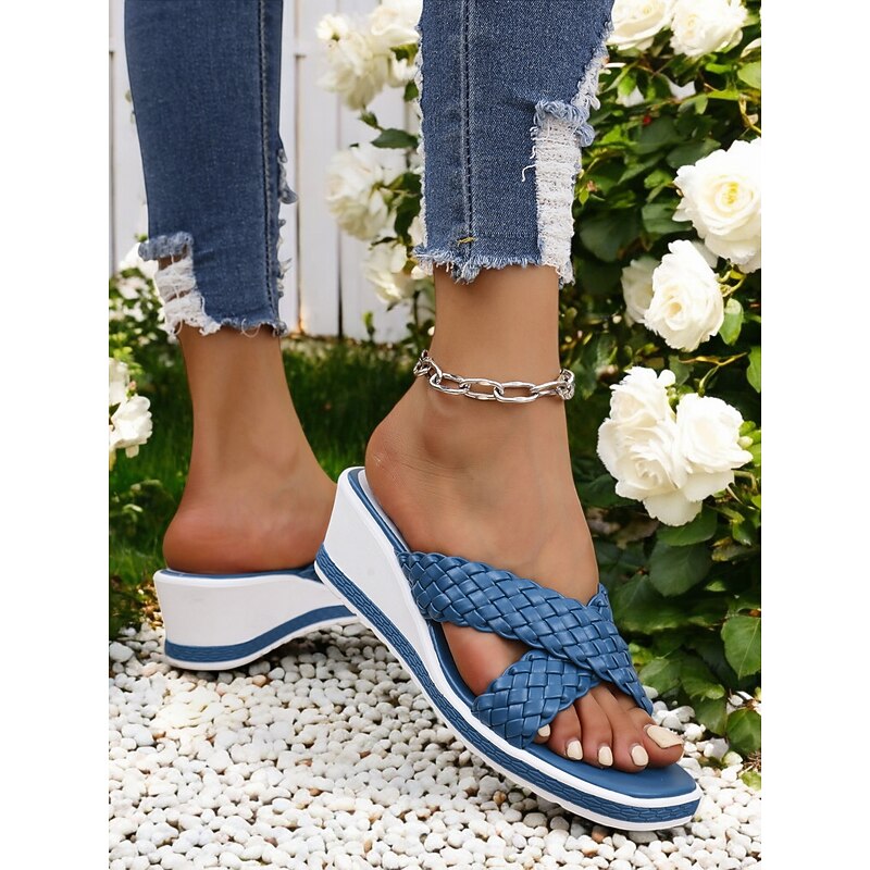Women's Woven Wedge Slide Sandals – Casual Cross Strap Open Toe Sandals for Summer & Vacation3