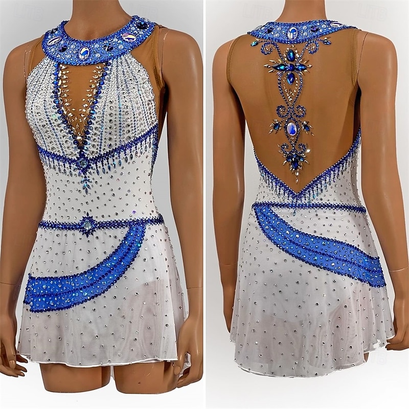 Figure Skating Dress Women's Girls' Ice Skating Dress Sky Blue White Patchwork Asymmetric Hem Mesh High Elasticity Training Competition Skating Wear Classic Crystal / Rhinestone Sleeveless Ice