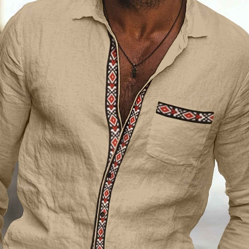Men's Shirt Linen Shirt Summer Shirt Beach Shirt Button Up Shirt Retro Shirts Solid Color Vacation Holiday Khaki Long Sleeve Turndown Summer Clothing Apparel Patchwork3