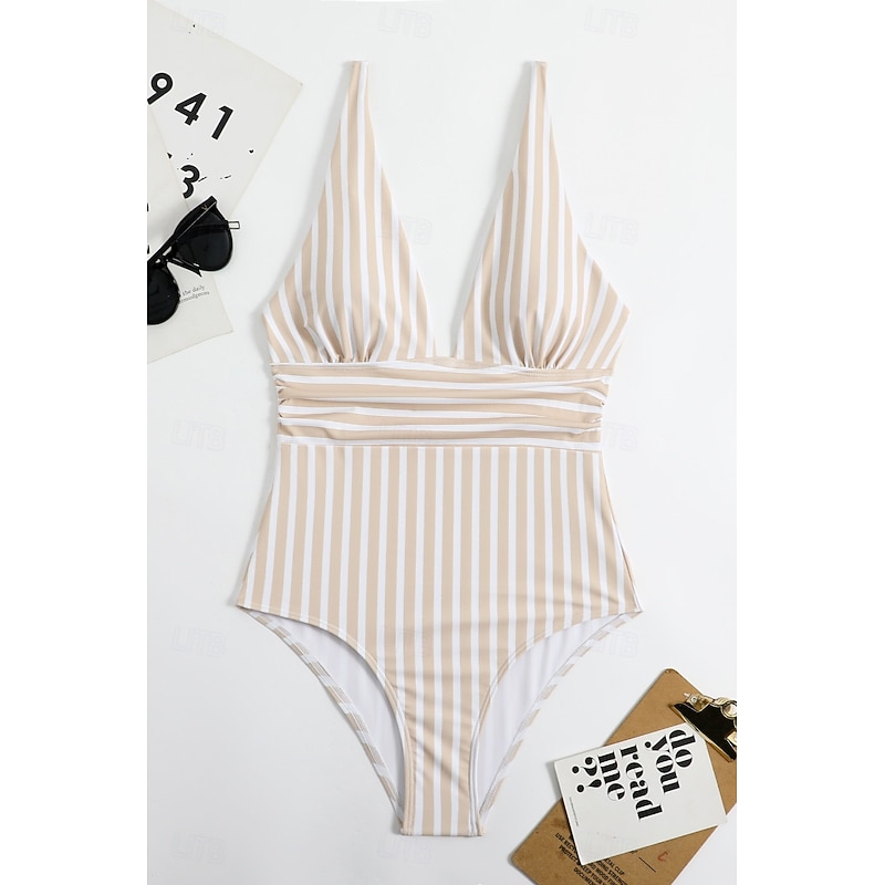 Women's Swimwear One Piece Swimsuit Backless Tropical Beach Wear Striped V Wire Sleeveless Bathing Suits3