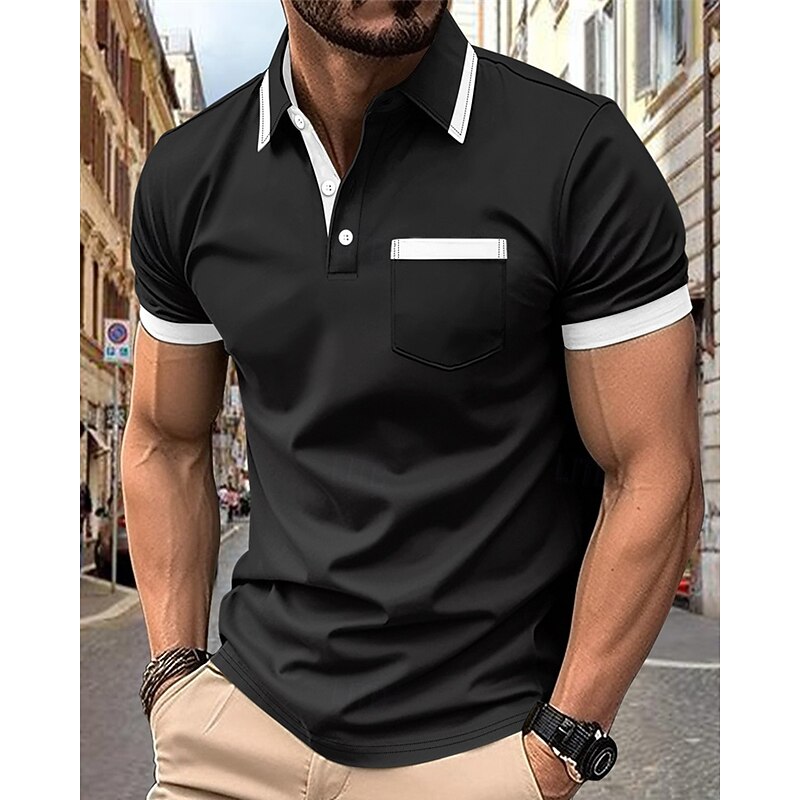 Men's Golf Shirt Golf Polos Shirts Work Casual Lapel Short Sleeve Basic Modern Color Block Patchwork Pocket Summer Regular Fit Black White Wine Navy Blue Sky Blue Brown Golf Shirt2