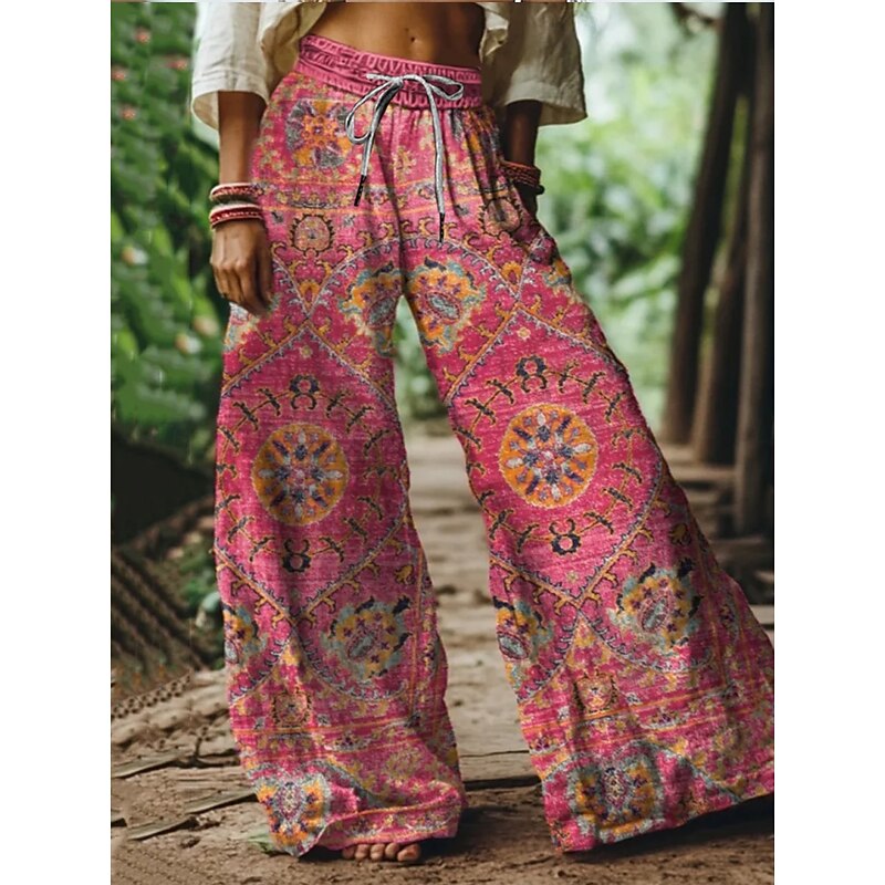 Women's Wide Leg Chinos Baggy Pants Vacation Vintage Ethnic Style Full Length High Waist Floral Graphic Printing Thermal Warm Soft Breathable Micro-elastic Vacation Street Causal Sky Blue And White3