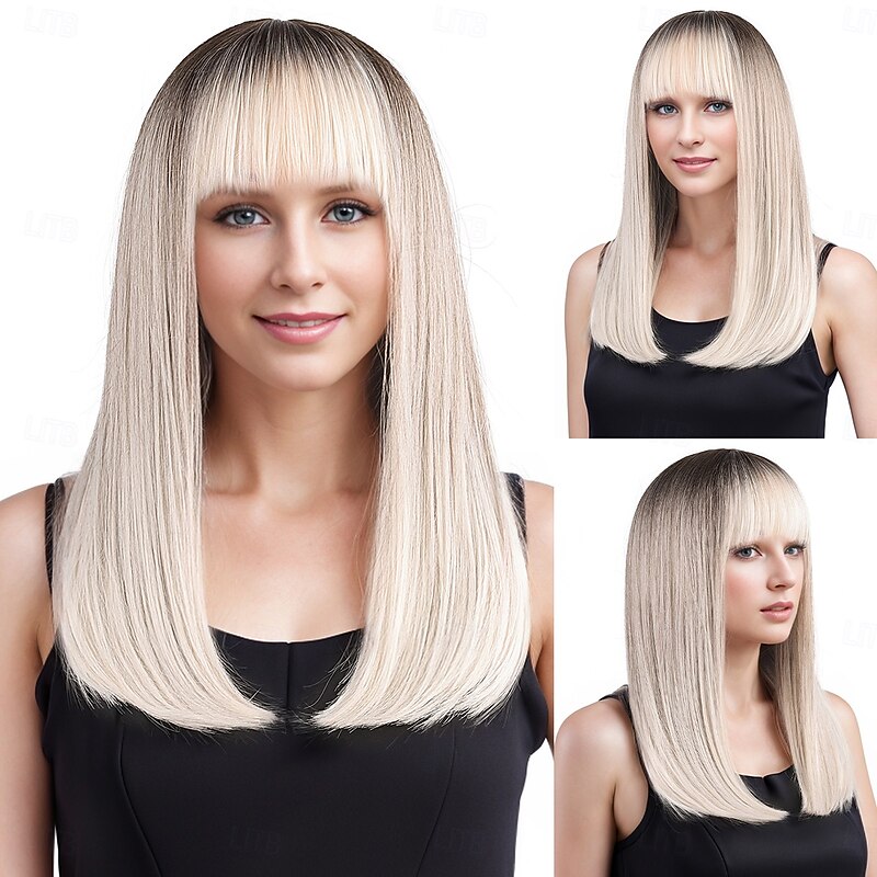 Synthetic Wig Straight kinky Straight Layered Haircut Neat Bang Machine Made Wig 20 inch A1 Synthetic Hair Women's Soft Classic Highlighted / Balayage Hair White