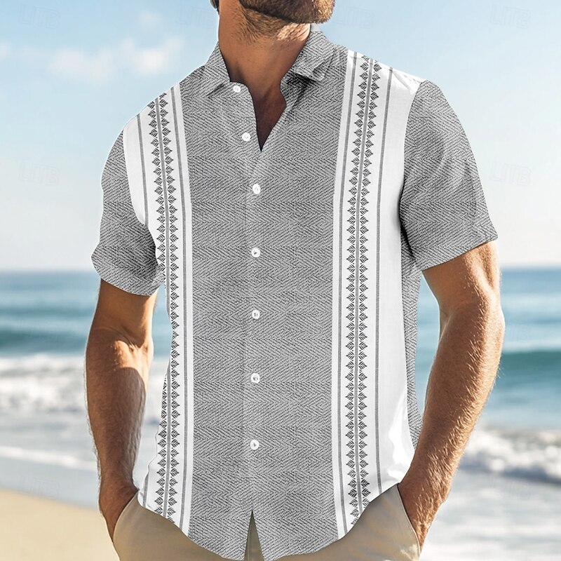 Men's Geometric Striped Shirt Guayabera Shirt Button Up Shirt Short Sleeve Fashion Casual Vacation Dailywear Beach Wear Summer Spring Turndown Button Up 3D Print Linen Like Shirt Pink Blue Green Gray4