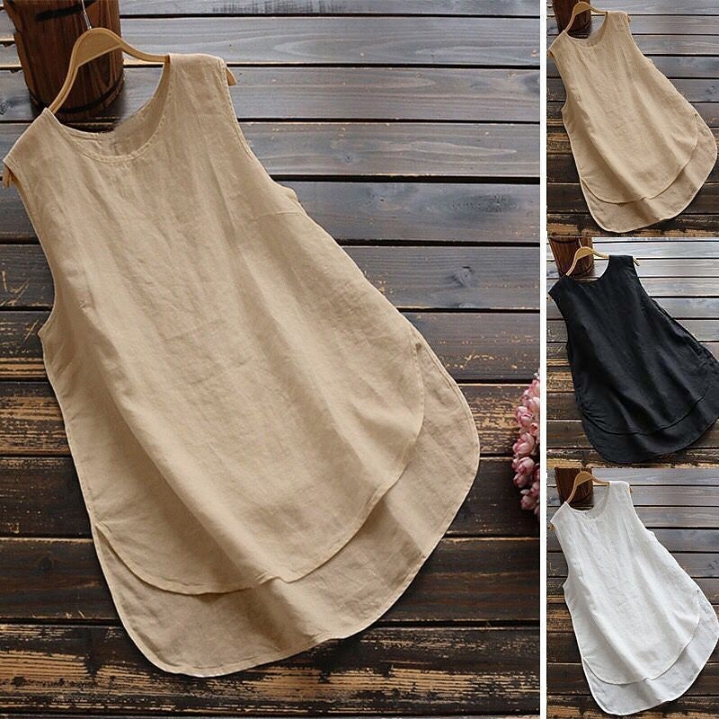 Women's Cotton Linen Vest Plain Basic Casual Short Sleeve Crew Neck Regular Tops Daily Going out Asymmetric Hem Black White Khaki Summer