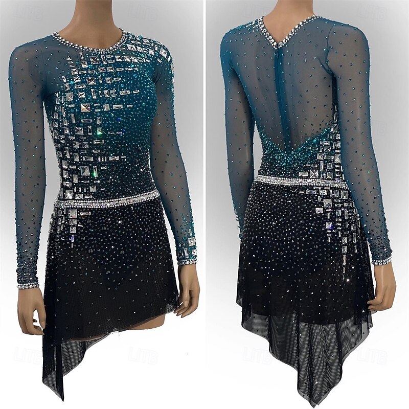 Figure Skating Dress Women's Girls' Ice Skating Dress Lake Blue Patchwork Asymmetric Hem Mesh High Elasticity Training Competition Skating Wear Classic Crystal / Rhinestone Long Sleeve Ice Skating
