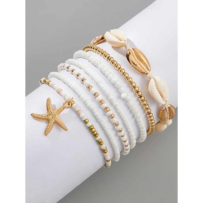 Women's Boho Shell Beaded Bracelet Set - 7-Piece Starfish Charm Stretch Bracelet in Various Colors for Summer Beach Wear and Resort Wear4